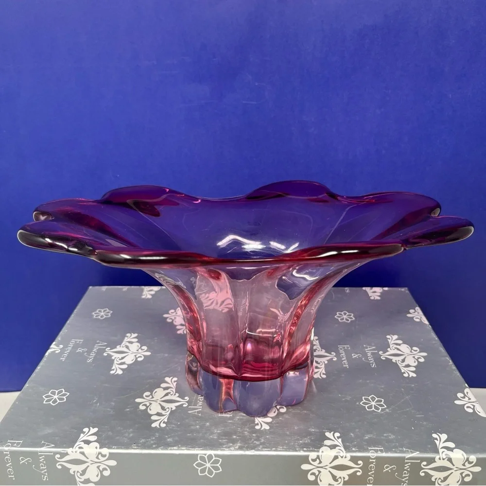 MCM Purple Glass Scalloped edge Bowl Vase